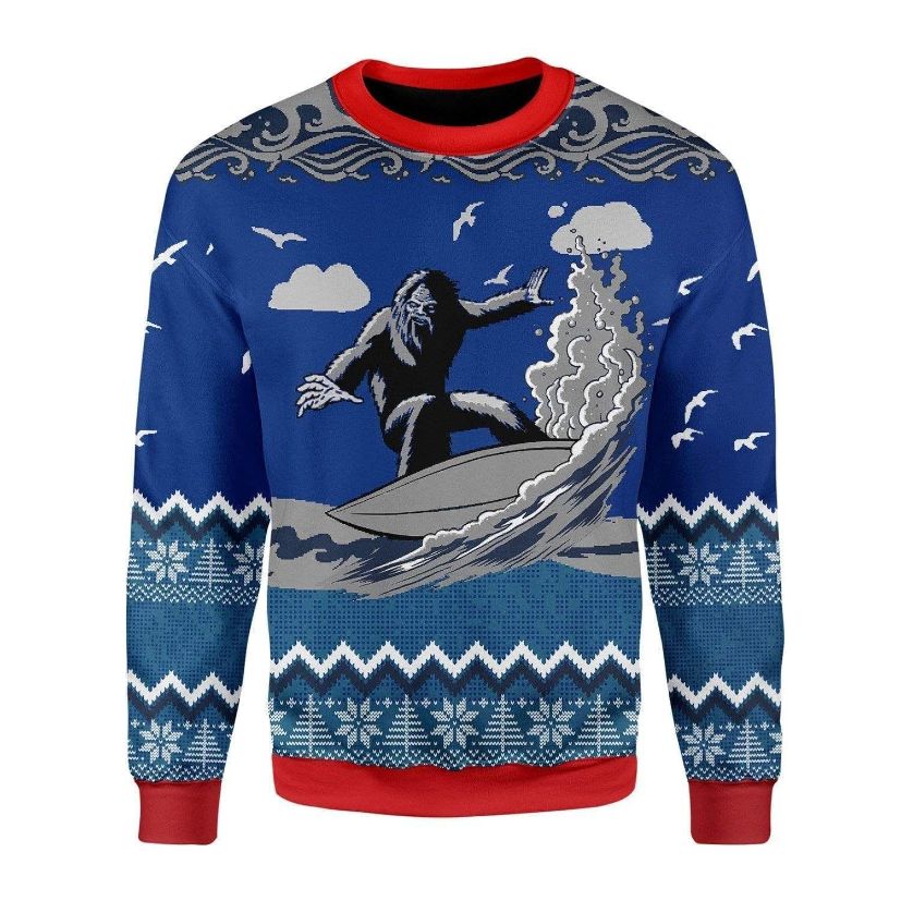 Bigfoot Surfing Blue Ugly Christmas 3D Sweater Bigfoot Surfing Blue Ugly Christmas 3D Sweater