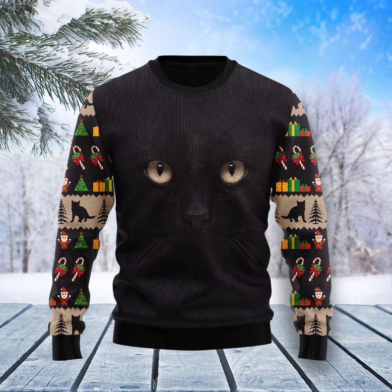 Black Cat Cute Face All Over Printed Sweater Black Cat Cute Face All Over Printed Sweater