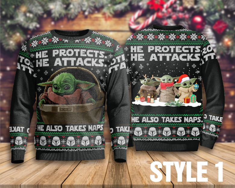 He Protects He Attacks He Also Takes Naps Sweater , Baby Yoda Sweater He Protects He Attacks He Also Takes Naps Sweater , Baby Yoda Sweater
