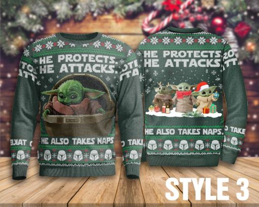 He Protects He Attacks He Also Takes Naps Sweater , Baby Yoda Sweater