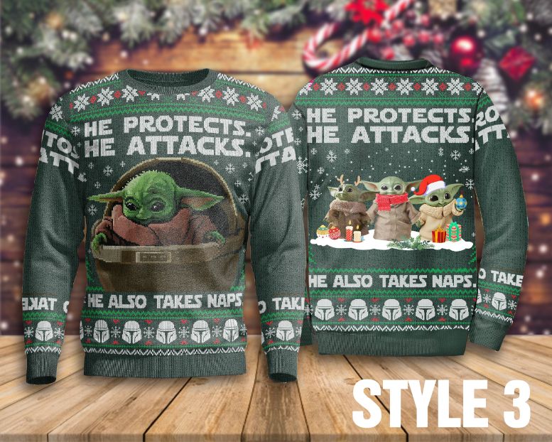 He Protects He Attacks He Also Takes Naps Sweater , Baby Yoda Sweater He Protects He Attacks He Also Takes Naps Sweater , Baby Yoda Sweater