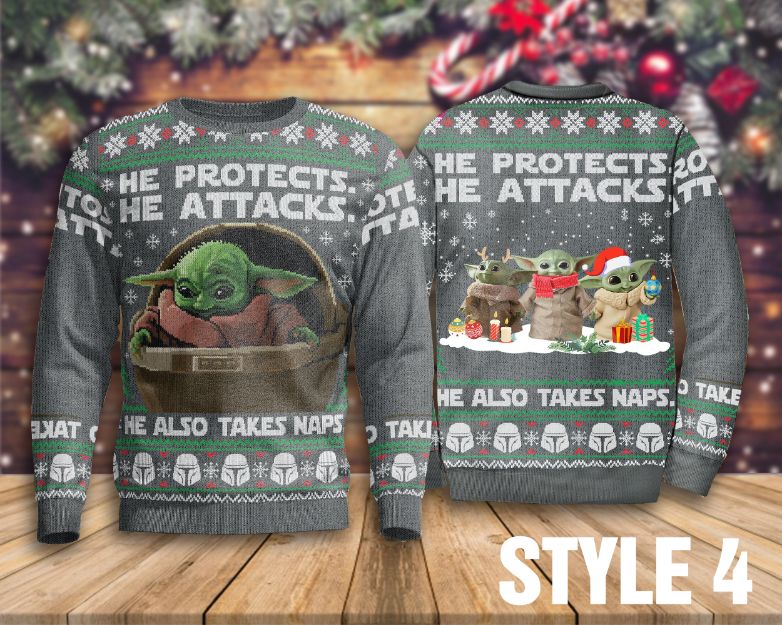 He Protects He Attacks He Also Takes Naps Sweater , Baby Yoda Sweater He Protects He Attacks He Also Takes Naps Sweater , Baby Yoda Sweater
