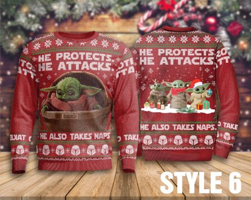 He Protects He Attacks He Also Takes Naps Sweater , Baby Yoda Sweater