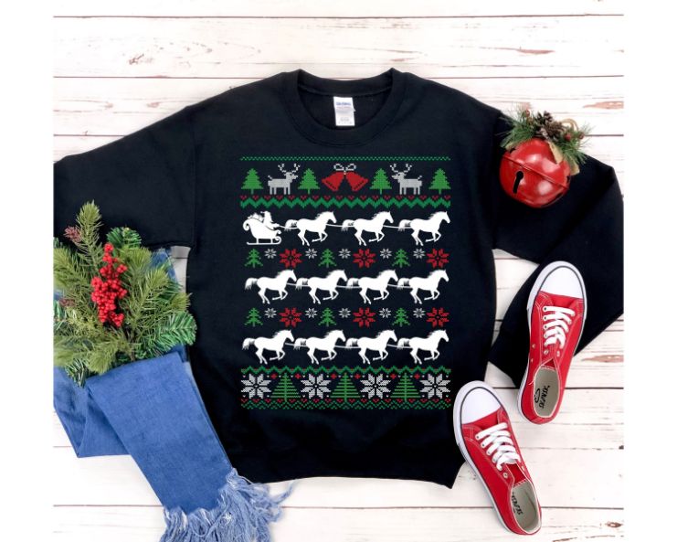 Horses Pulling Santa Sleigh Equestrian Christmas Sweatshirt Horses Pulling Santa Sleigh Equestrian Christmas Sweatshirt