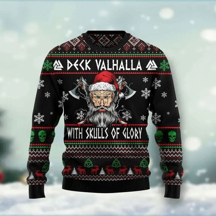 Viking Deck Valhalla With Skulls Of Glory Ugly Christmas Sweater Viking Deck Valhalla With Skulls Of Glory Ugly Christmas Sweater