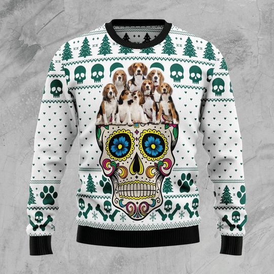 Awesome Sugar Skull Beagles 3D Christmas Sweater Awesome Sugar Skull Beagles 3D Christmas Sweater