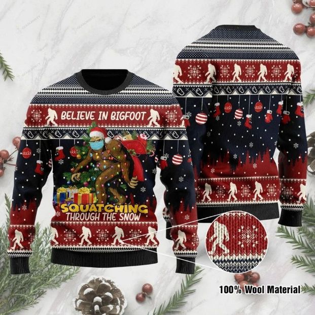 Believe In Bigfoot Squatching Through The Snow Christmas Sweatshirt Sweater Believe In Bigfoot Squatching Through The Snow Christmas Sweatshirt Sweater