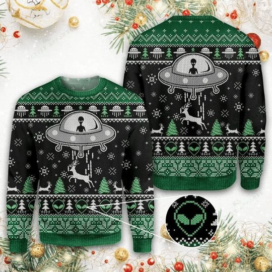 Black White And Green Alien 3D Christmas Sweater Black White And Green Alien 3D Christmas Sweater