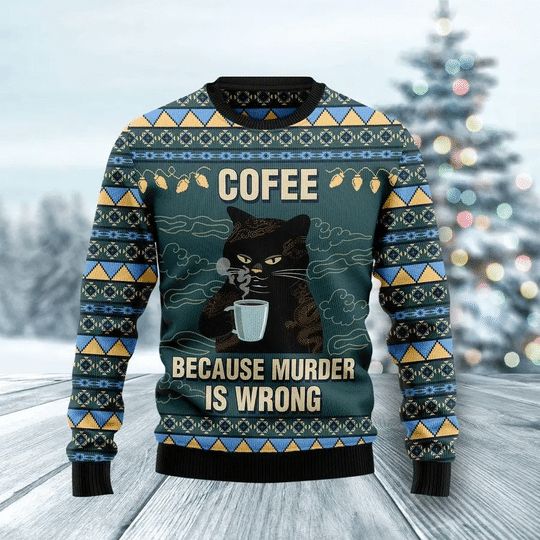 Coffee Cat Blue 3D Christmas Sweater Coffee Cat Blue 3D Christmas Sweater