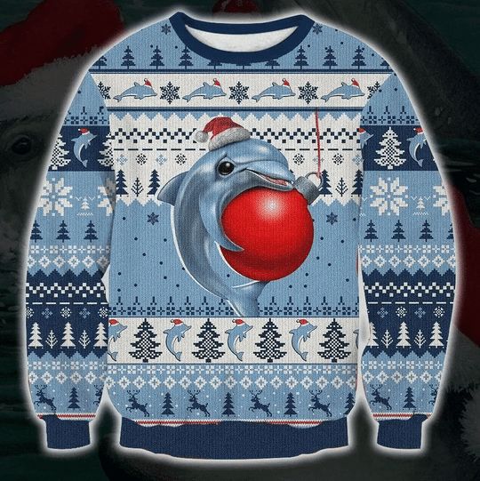 Cute Dolphin And A Red Ball 3D Christmas Sweater Cute Dolphin And A Red Ball 3D Christmas Sweater