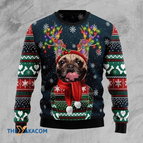 Dog Lover With Adorable Cool French Bulldog 3D Christmas Sweater Dog Lover With Adorable Cool French Bulldog 3D Christmas Sweater