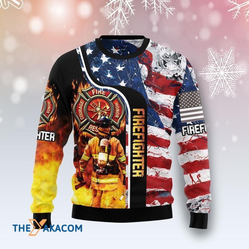 Firefighter USA Flag Christmas 3D Sweater Firefighter USA Flag Christmas 3D Sweater