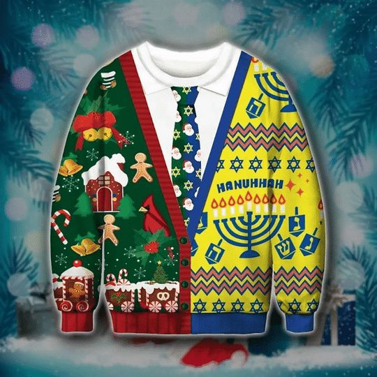 Green And Yellow Hanuhhah 3D Christmas Sweater Green And Yellow Hanuhhah 3D Christmas Sweater
