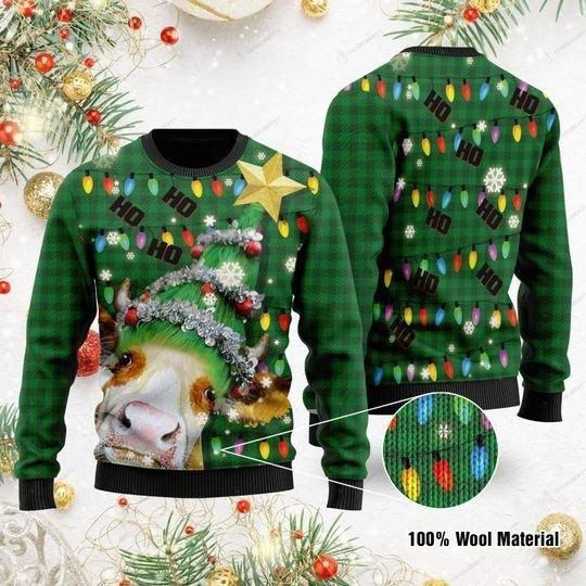 Green Ho Ho Ho Cow Christmas 3D Sweater Green Ho Ho Ho Cow Christmas 3D Sweater