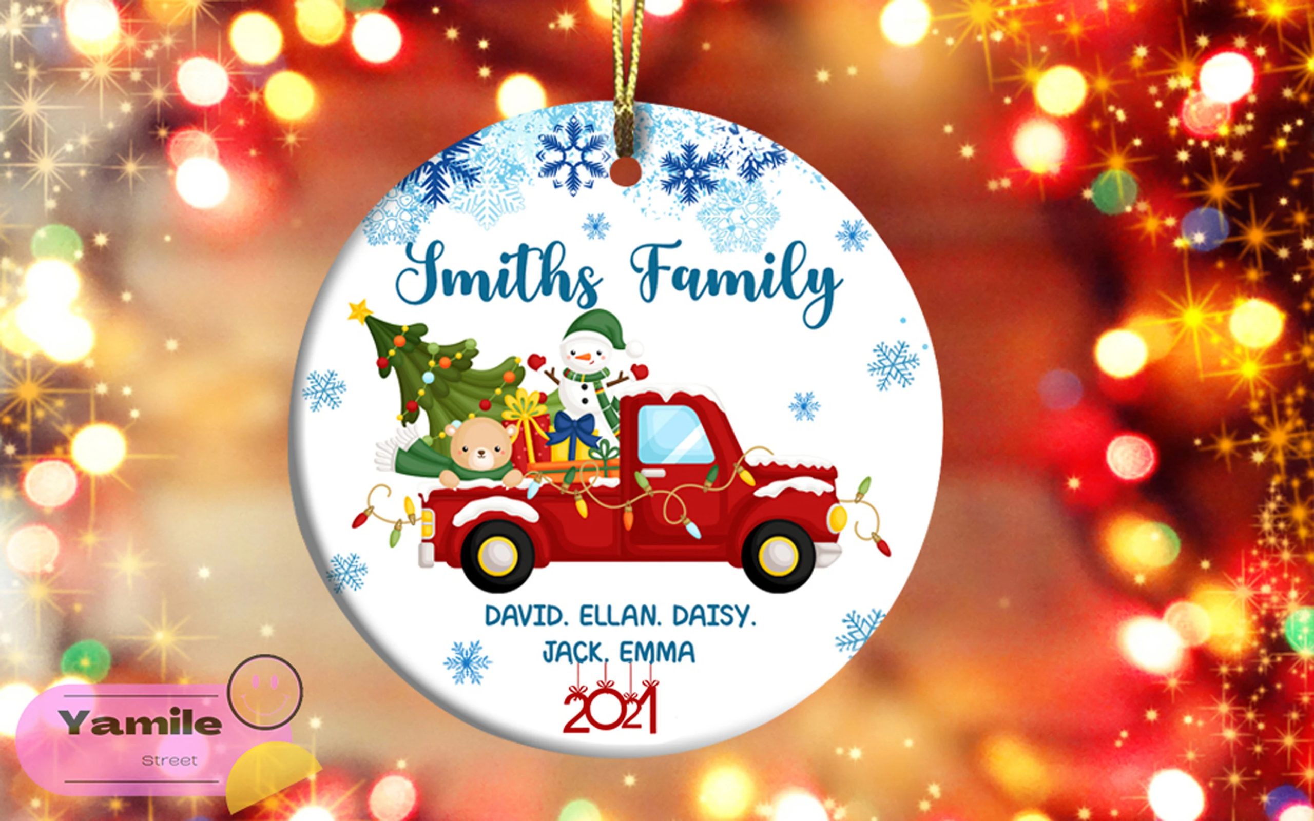Personalised Family Name Cute Red Truck Snowman Pine Christmas Christmas 2021 Ornament Personalised Family Name Cute Red Truck Snowman Pine Christmas Christmas 2021 Ornament