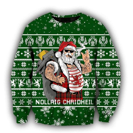 Scottish Gangster Santa Green 3D Christmas Sweater Scottish Gangster Santa Green 3D Christmas Sweater