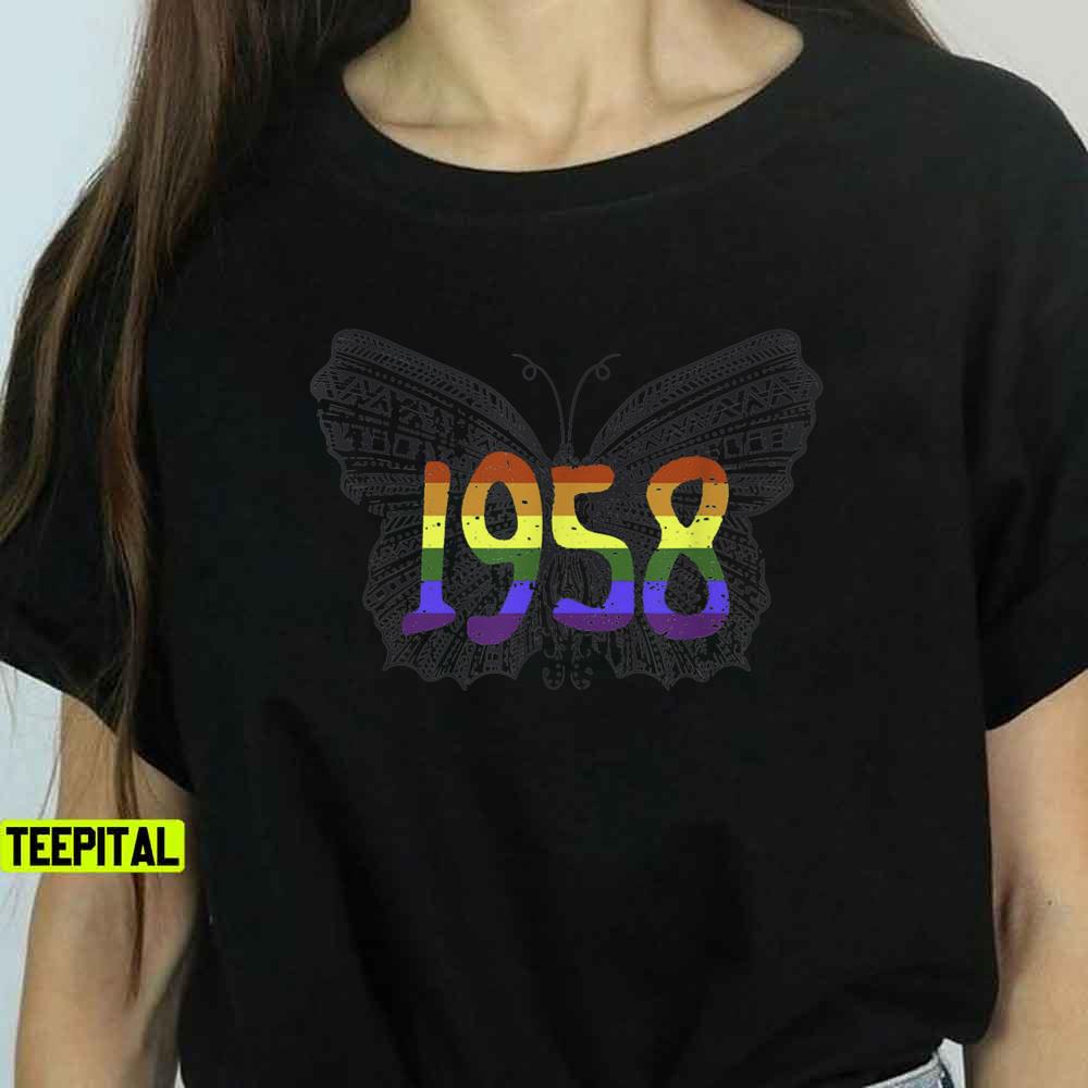 1958 LGBT Flag Gray Butterfly Gay Pride Month T-Shirt 1958 LGBT Flag Gray Butterfly Gay Pride Month T-Shirt