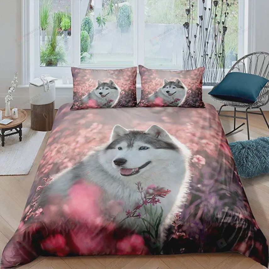 Huskey In Flower Field Bedding Set Huskey In Flower Field Bedding Set