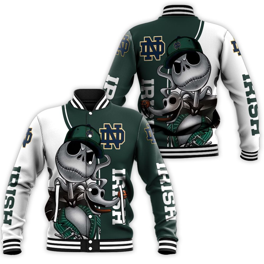 Notre Dame Fighting Irish Jack Skellington And Zero Baseball Jacket Notre Dame Fighting Irish Jack Skellington And Zero Baseball Jacket