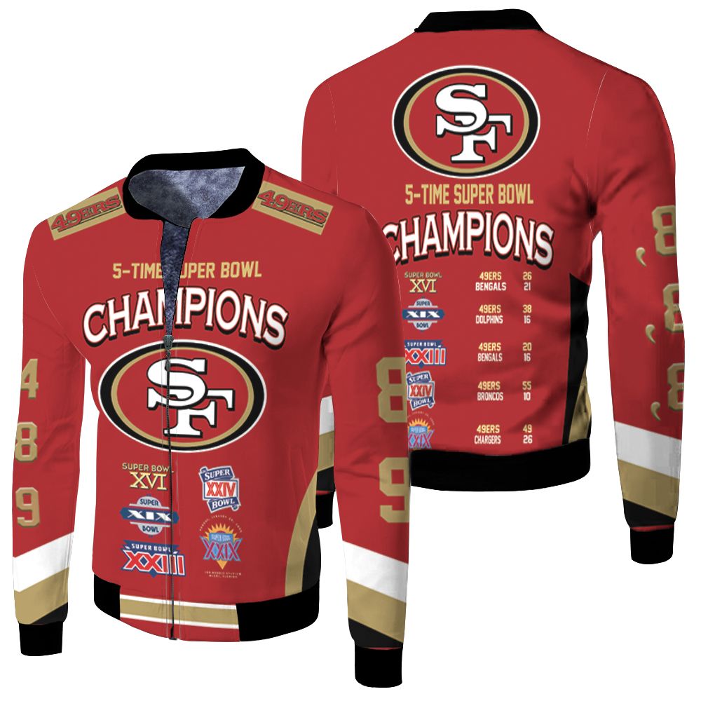 San Francisco 49ers 5 Time Super Bowl Champions For Fan 3d Fleece Bomber Jacket San Francisco 49ers 5 Time Super Bowl Champions For Fan 3d Fleece Bomber Jacket