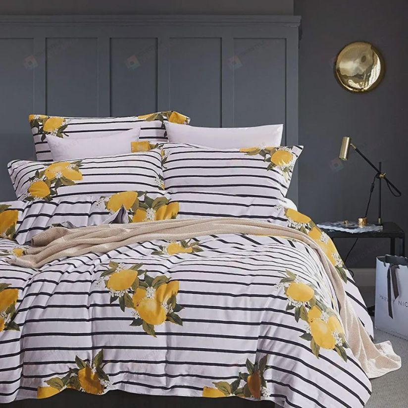 Striped Yellow Lemons Pattern Bedding Set Striped Yellow Lemons Pattern Bedding Set