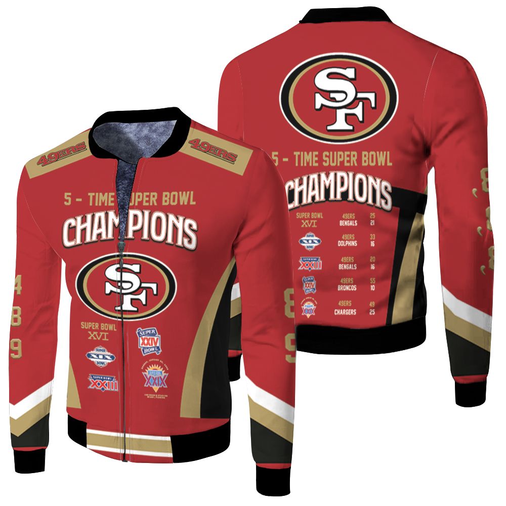 5 Times Super Bowl Champions San Francisco 49ers All Prizes 3d Fleece Bomber Jacket 5 Times Super Bowl Champions San Francisco 49ers All Prizes 3d Fleece Bomber Jacket