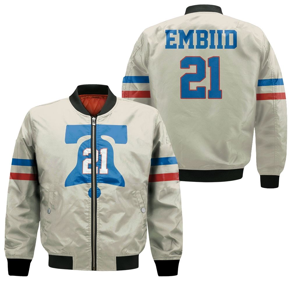 76ers Joel Embiid 2020-21 Earned Edition Cream Jersey Inspired Bomber Jacket 76ers Joel Embiid 2020-21 Earned Edition Cream Jersey Inspired Bomber Jacket