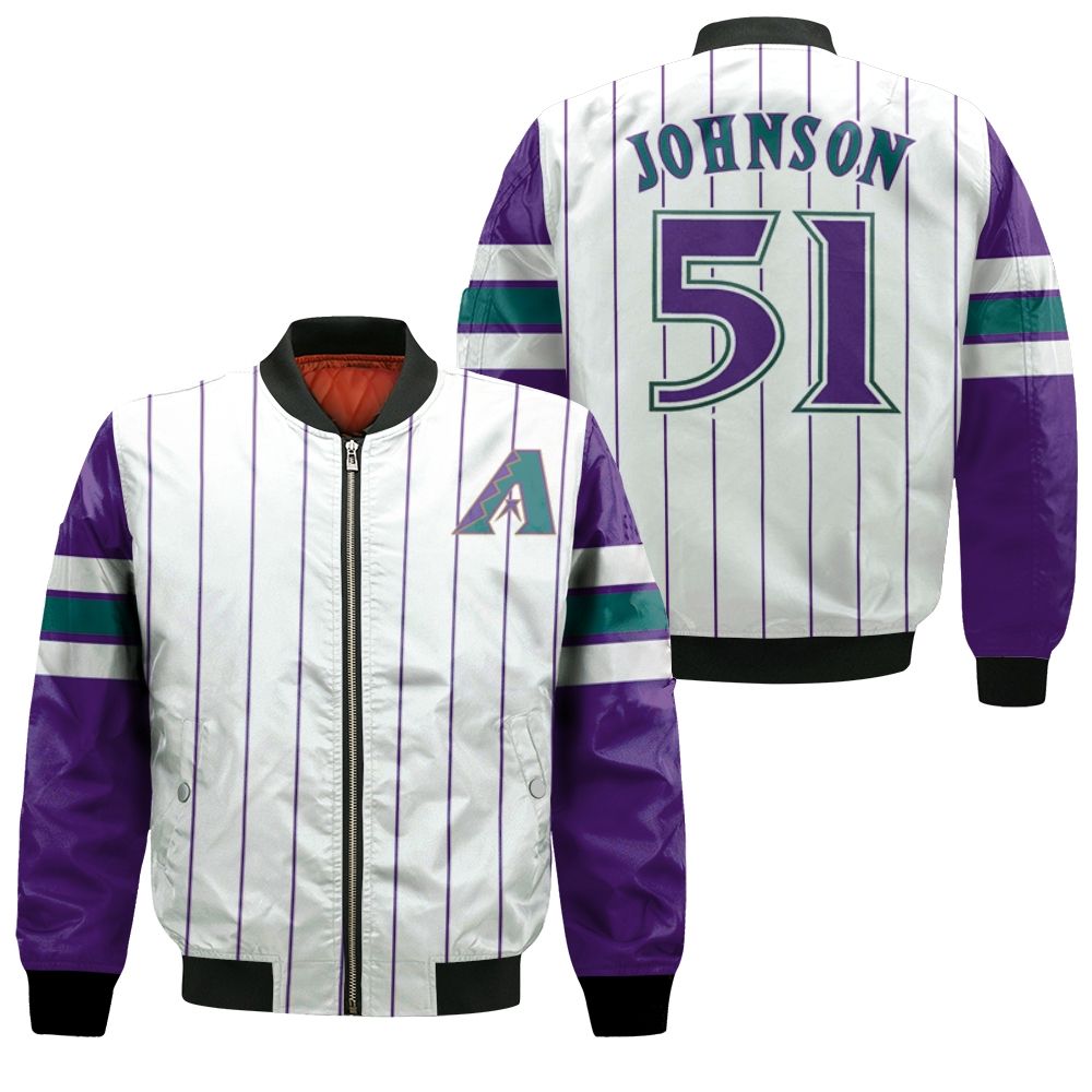 Arizona Diamondbacks Randy Johnson 51 Mlb White Purple Jersey Inspired Style Bomber Jacket Arizona Diamondbacks Randy Johnson 51 Mlb White Purple Jersey Inspired Style Bomber Jacket