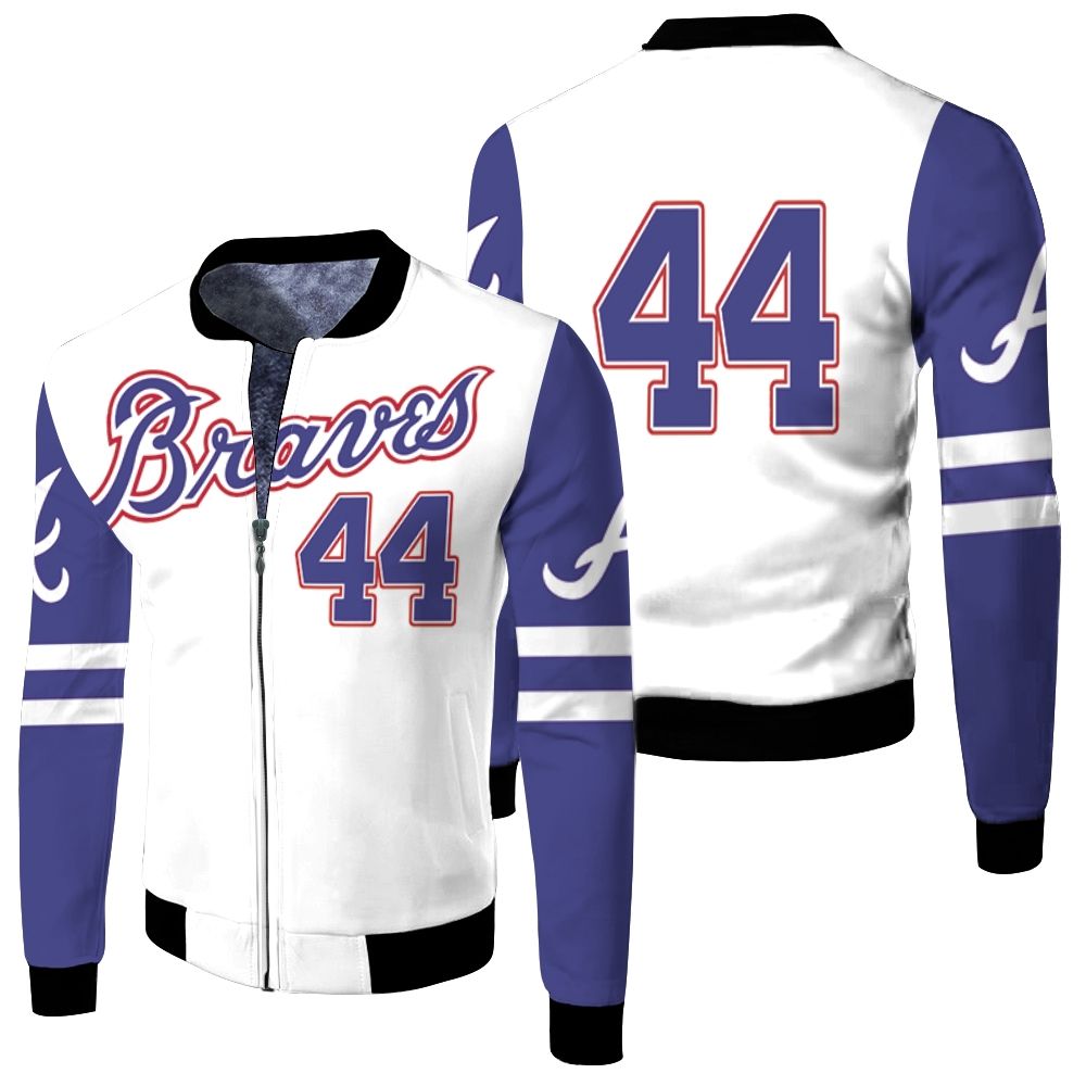 Atlanta Braves Hank Aaron 44 2020 Mlb White And Blue Jersey Inspired Fleece Bomber Jacket Atlanta Braves Hank Aaron 44 2020 Mlb White And Blue Jersey Inspired Fleece Bomber Jacket
