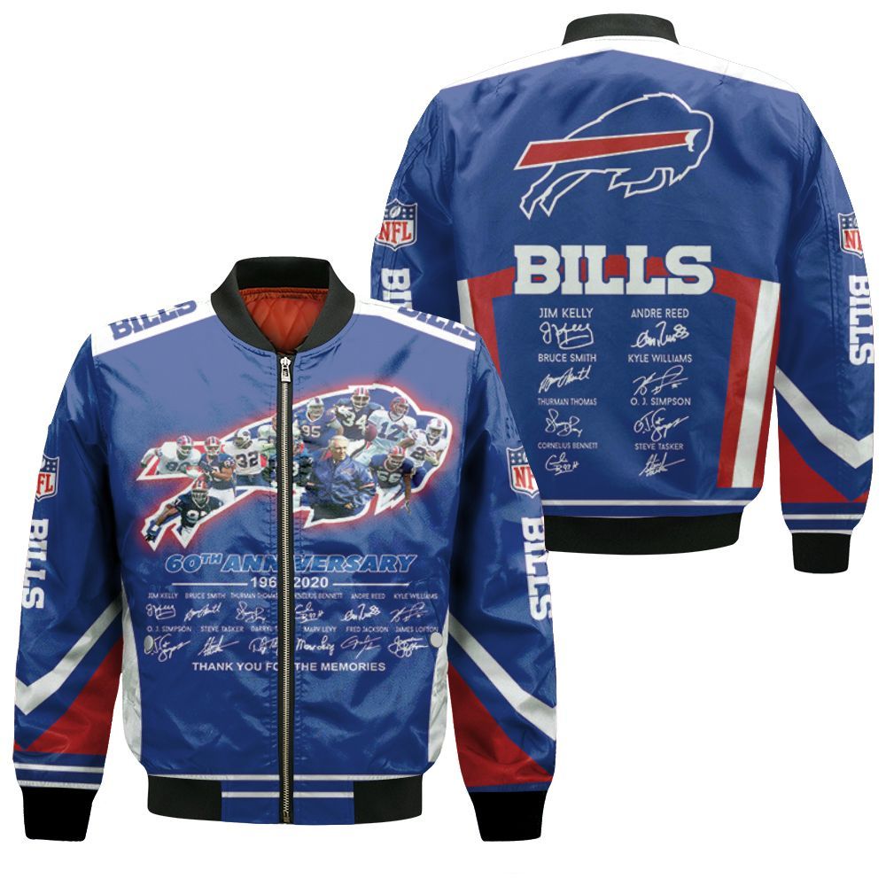Buffalo Bills 60th Anniversary 1960 - 2020 Best Players All Time Signature Signed 2020 Nfl Season Bomber Jacket Buffalo Bills 60th Anniversary 1960 - 2020 Best Players All Time Signature Signed 2020 Nfl Season Bomber Jacket