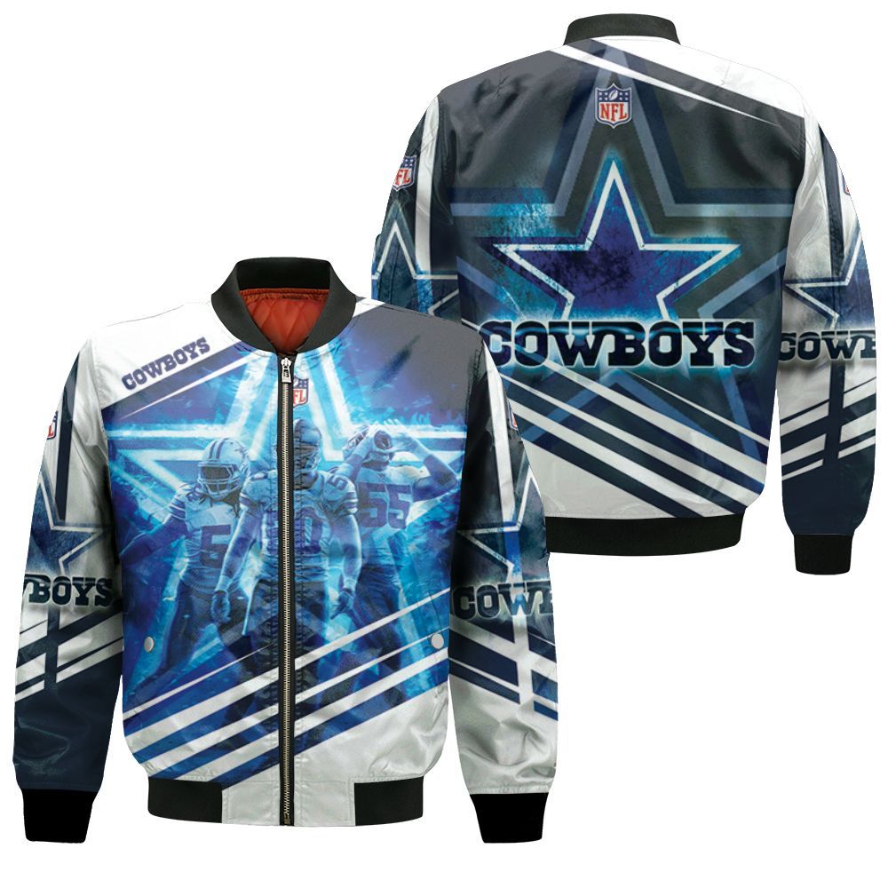 Dallas Cowboys Jaylon Smith 54 Sean Lee 50 Leighton Vander Esch 55 3d Bomber Jacket Dallas Cowboys Jaylon Smith 54 Sean Lee 50 Leighton Vander Esch 55 3d Bomber Jacket