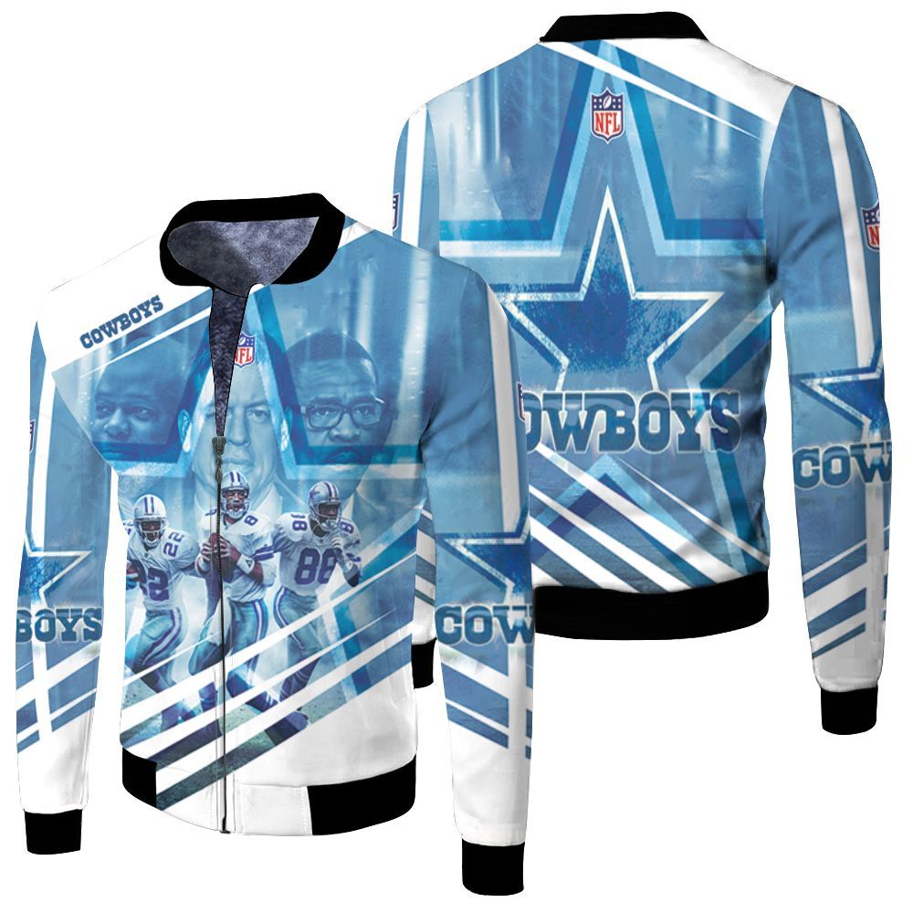 Dallas Cowboys Triplets Emmitt Smith 22 Troy Aikman 8 Michael Irvin 88 3d Fleece Bomber Jacket Dallas Cowboys Triplets Emmitt Smith 22 Troy Aikman 8 Michael Irvin 88 3d Fleece Bomber Jacket