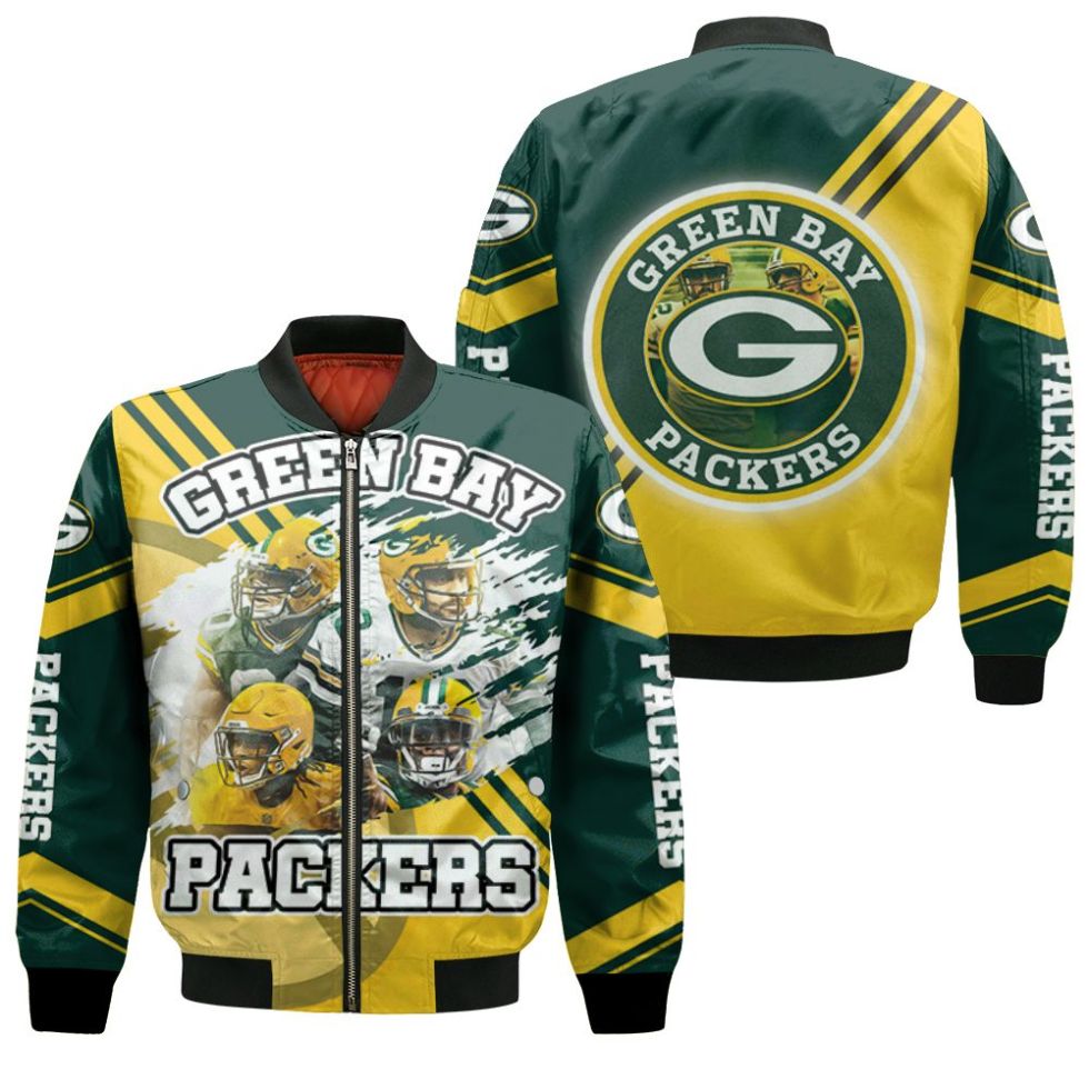 Green Bay Packers Aaron Rodgers 12 Jimmy Graham 80 Aaron Jones 33 Davante Adams 17 For Fans Bomber Jacket Green Bay Packers Aaron Rodgers 12 Jimmy Graham 80 Aaron Jones 33 Davante Adams 17 For Fans Bomber Jacket