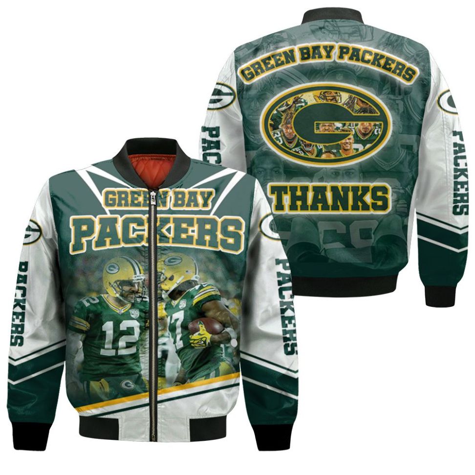 Green Bay Packers Aaron Rodgers Davante Adams Nfl 2020 Season Nfc North Winner Thanks Bomber Jacket Green Bay Packers Aaron Rodgers Davante Adams Nfl 2020 Season Nfc North Winner Thanks Bomber Jacket