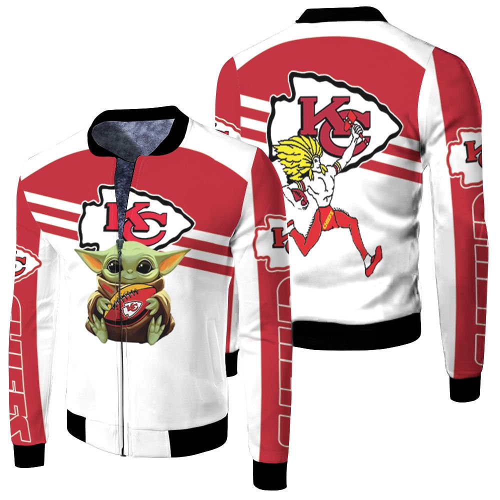 Kansas City Chiefs Baby Yoda Hug Chiefs Ball Logo 2d Fleece Bomber Jacket Kansas City Chiefs Baby Yoda Hug Chiefs Ball Logo 2d Fleece Bomber Jacket