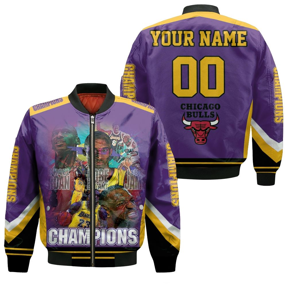 Kobe Bryant Michael J Lebron James Los Angeles Lakers Chicago Bulls Champions 3d Personalized Bomber Jacket Kobe Bryant Michael J Lebron James Los Angeles Lakers Chicago Bulls Champions 3d Personalized Bomber Jacket