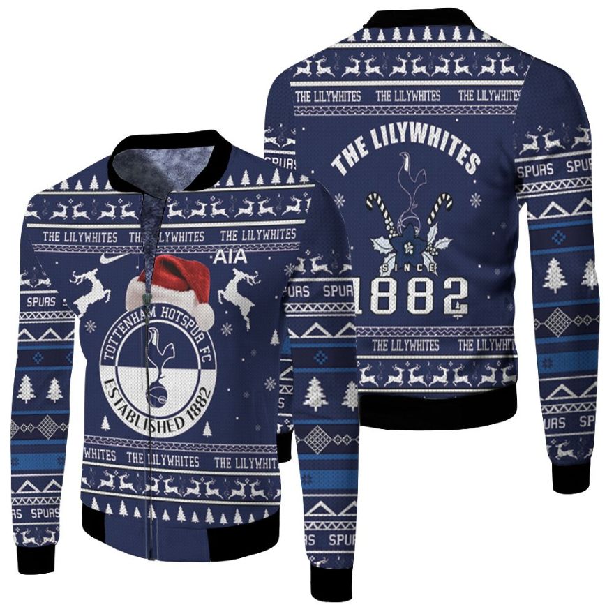 The Lilywhites Since 1882 Tottenham Hotspur Fc Christmas Ugly Christmas 3d Jersey Fleece Bomber Jacket The Lilywhites Since 1882 Tottenham Hotspur Fc Christmas Ugly Christmas 3d Jersey Fleece Bomber Jacket