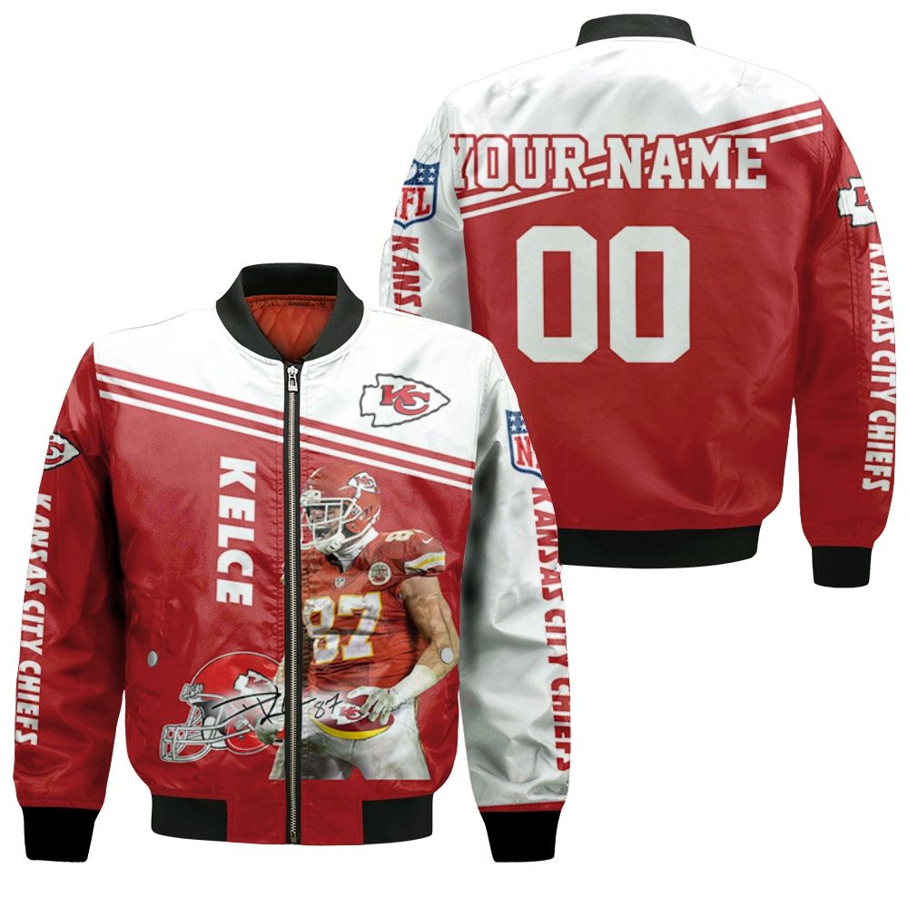 Travis Kelce Kansas City Chiefs 3d Signature Personalized Bomber Jacket Travis Kelce Kansas City Chiefs 3d Signature Personalized Bomber Jacket
