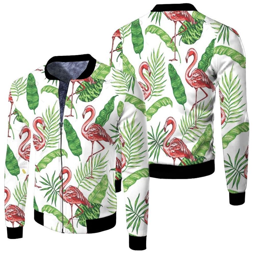 Tropical Seamless Pattern With Pink Flamingo Tropical Jungle Palm Leaves White Fleece Bomber Jacket Tropical Seamless Pattern With Pink Flamingo Tropical Jungle Palm Leaves White Fleece Bomber Jacket