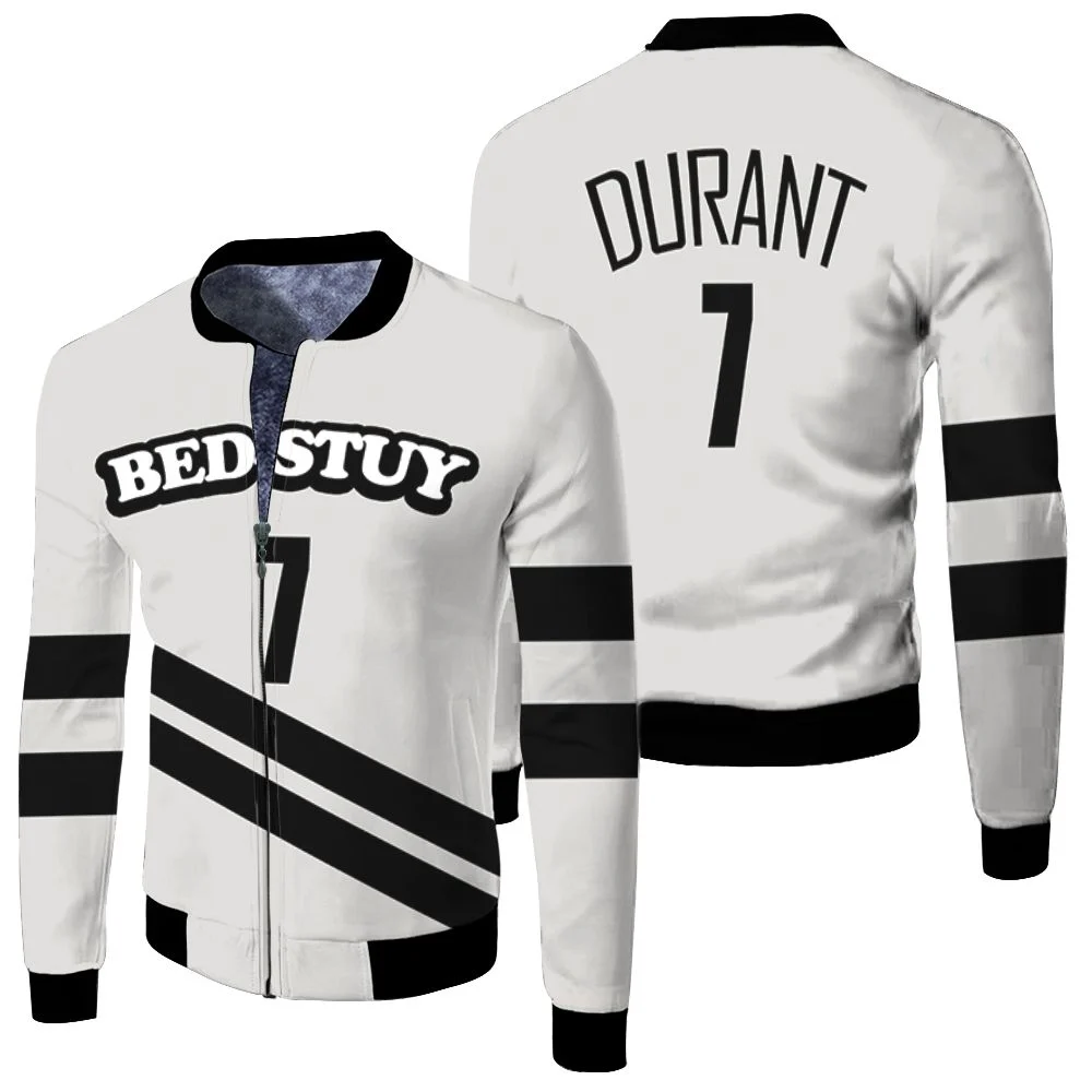 Brooklyn Nets Kevin Durant 7 2020 City Edition White Jersey Fleece Bomber Jacket Brooklyn Nets Kevin Durant 7 2020 City Edition White Jersey Fleece Bomber Jacket