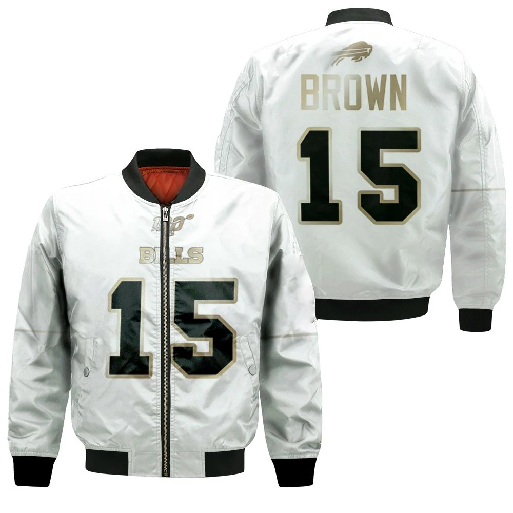 Buffalo Bills John Brown #15 Nfl White 100th Season Golden Edition Jersey Style Gift For Bills Fans Bomber Jacket Buffalo Bills John Brown #15 Nfl White 100th Season Golden Edition Jersey Style Gift For Bills Fans Bomber Jacket