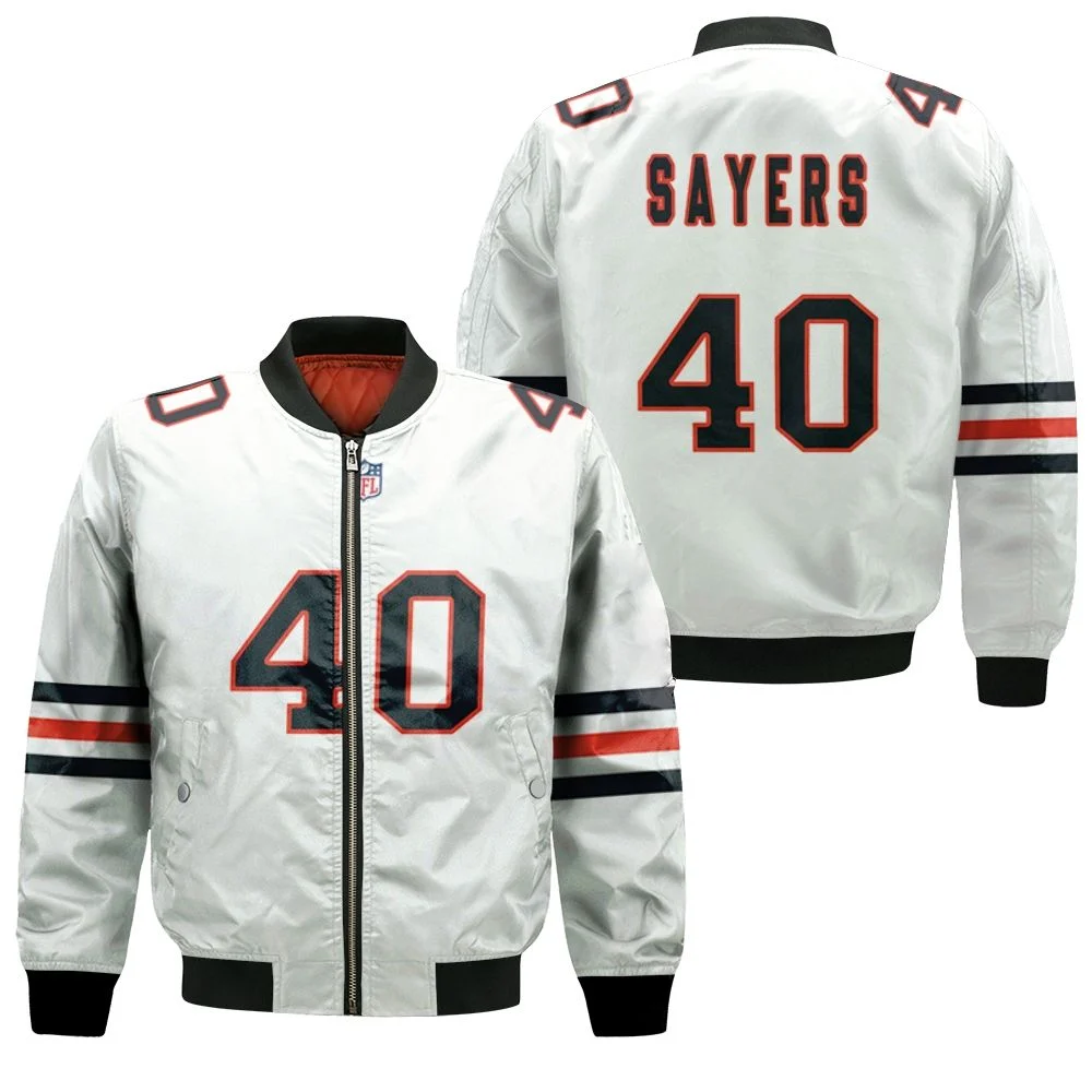 Chicago Bears Gale Sayers #40 Great Player Nfl American Football Team Custom Game White 3d Designed Allover Gift For Bears Fans Bomber Jacket Chicago Bears Gale Sayers #40 Great Player Nfl American Football Team Custom Game White 3d Designed Allover Gift For Bears Fans Bomber Jacket