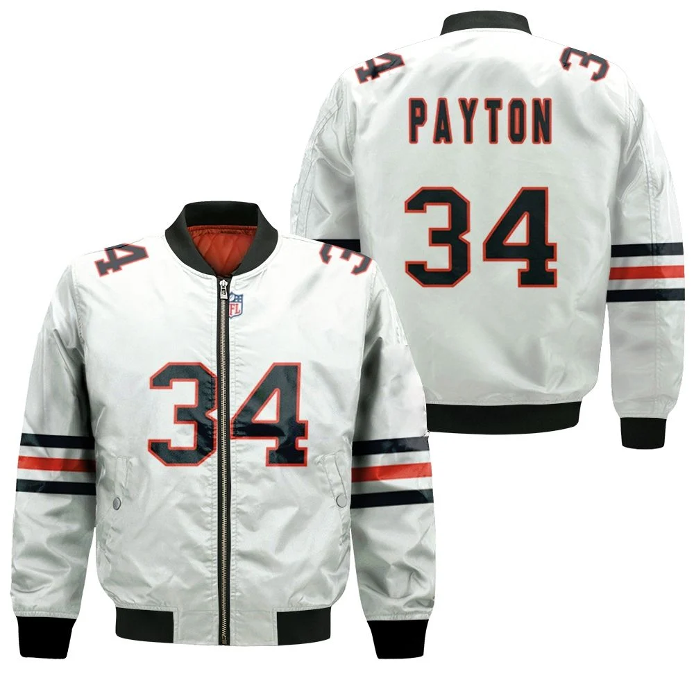 Chicago Bears Walter Payton #34 Great Player Nfl American Football Team Custom Game White 3d Designed Allover Gift For Bears Fans Bomber Jacket Chicago Bears Walter Payton #34 Great Player Nfl American Football Team Custom Game White 3d Designed Allover Gift For Bears Fans Bomber Jacket