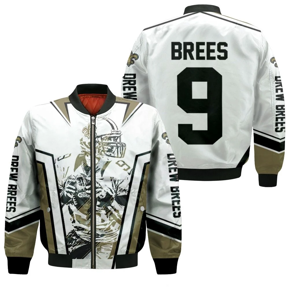 Drew Brees New Orleans Saints Watercolor White Background Bomber Jacket Drew Brees New Orleans Saints Watercolor White Background Bomber Jacket