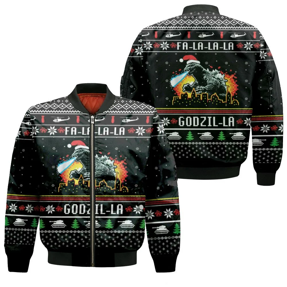 Fa La La Godzi La Godzila Christmas 3d Jersey Bomber Jacket Fa La La Godzi La Godzila Christmas 3d Jersey Bomber Jacket