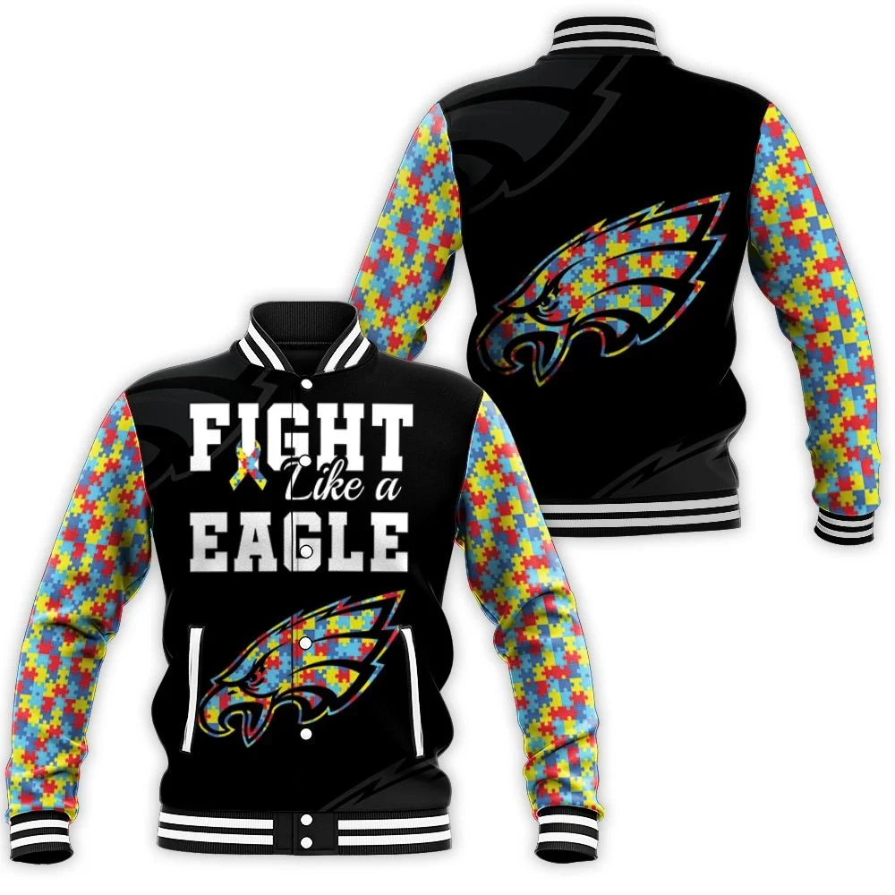 Fight Like A Philadelphia Eagles Autism Support Baseball Jacket Fight Like A Philadelphia Eagles Autism Support Baseball Jacket