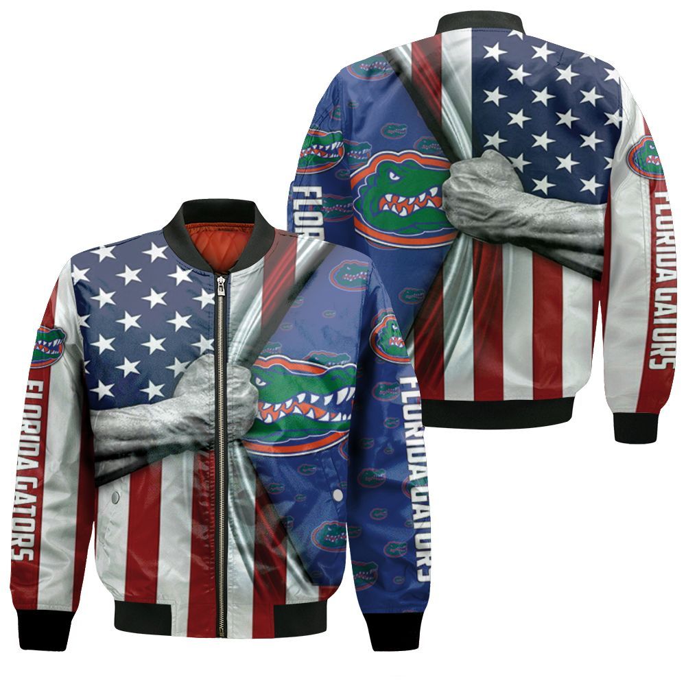 Florida Gators American Flag Ripped 3d Jersey Bomber Jacket Florida Gators American Flag Ripped 3d Jersey Bomber Jacket