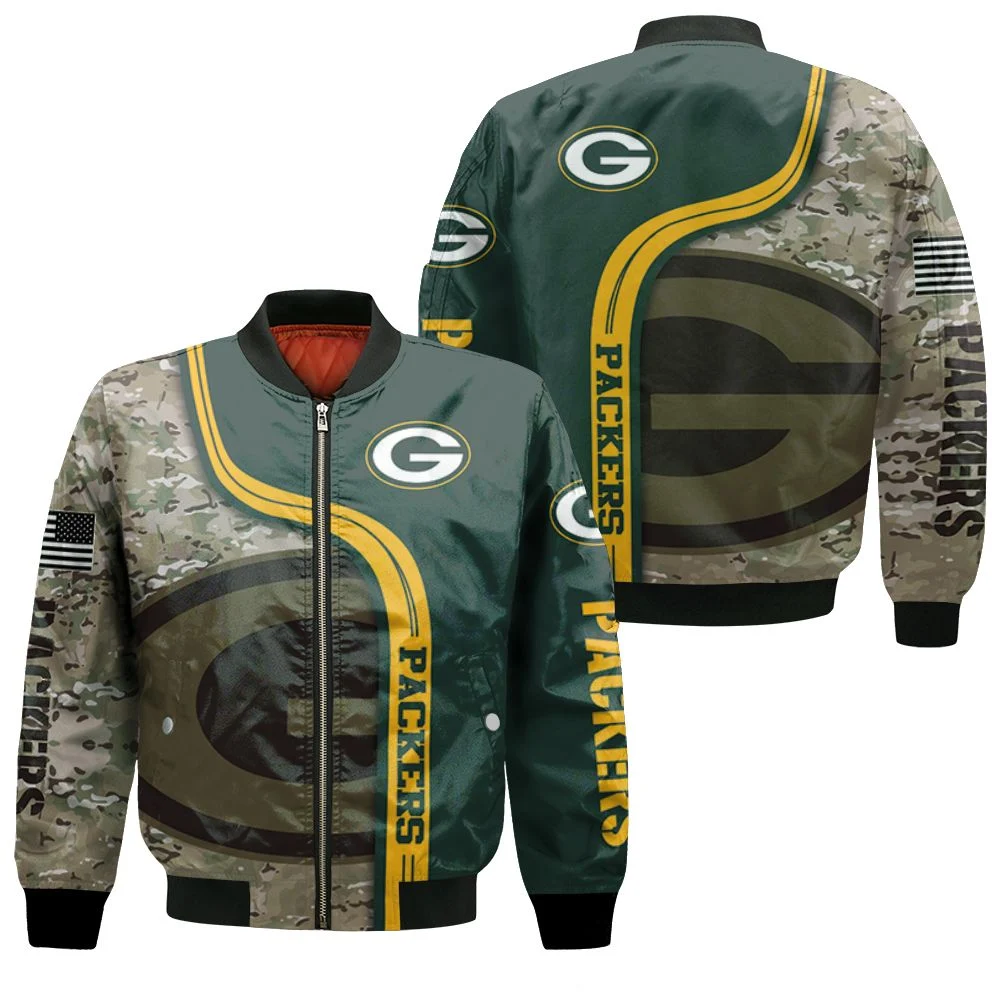Green Bay Packers Camouflage Pattern American Flag 3d Jersey Bomber Jacket Green Bay Packers Camouflage Pattern American Flag 3d Jersey Bomber Jacket