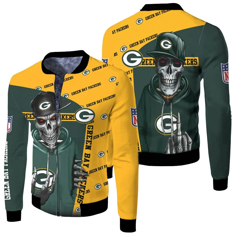 Green Bay Packers Hiphop Skeleton Fan 3d Jersey Fleece Bomber Jacket Green Bay Packers Hiphop Skeleton Fan 3d Jersey Fleece Bomber Jacket