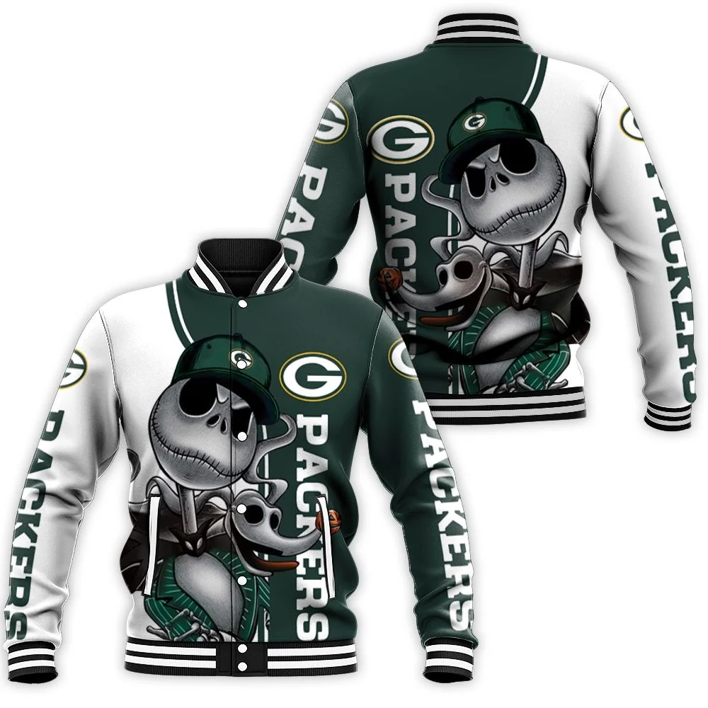 Green Bay Packers Jack Skellington And Zero Baseball Jacket Green Bay Packers Jack Skellington And Zero Baseball Jacket